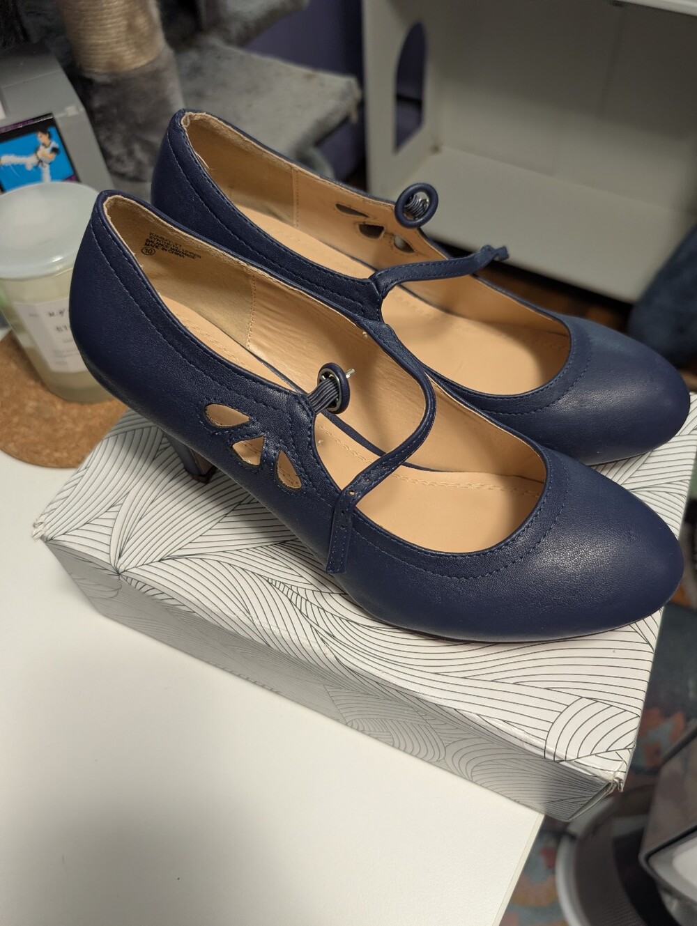 Navy Blue Mary Jane Heels with Button Strap